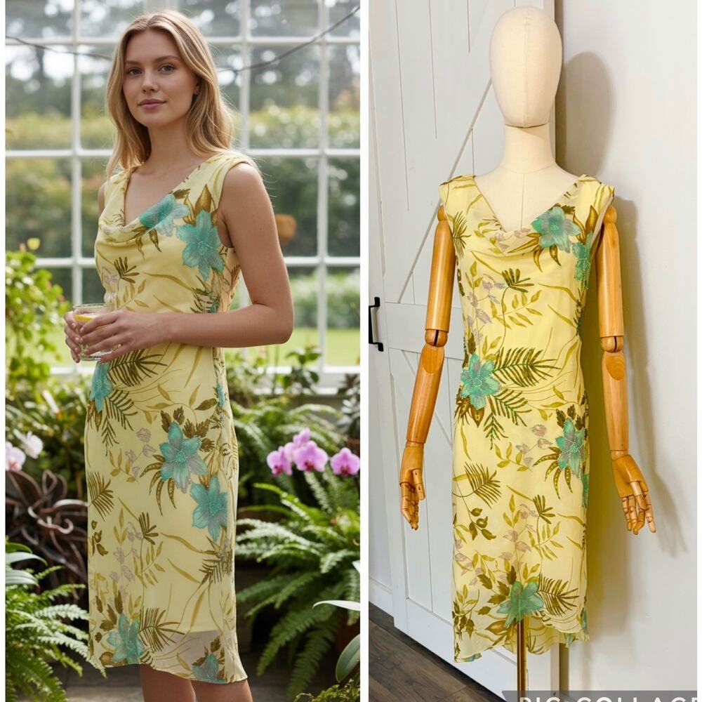 VTG Y2K Connected Apparel Women Sz M Chiffon Cowl Neck Midi Dress Floral Beaded